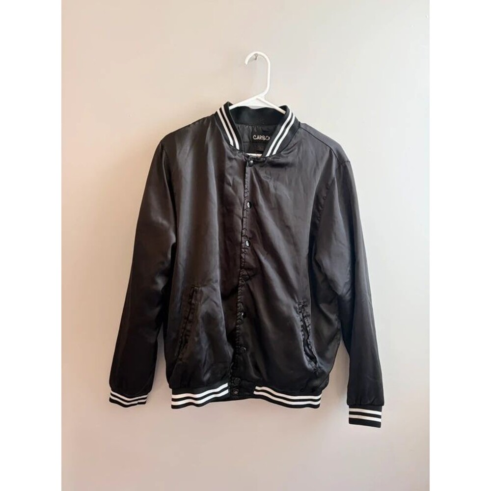 Carbon Men’s Black Satin Varsity Bomber Jacket Streetwear Size S